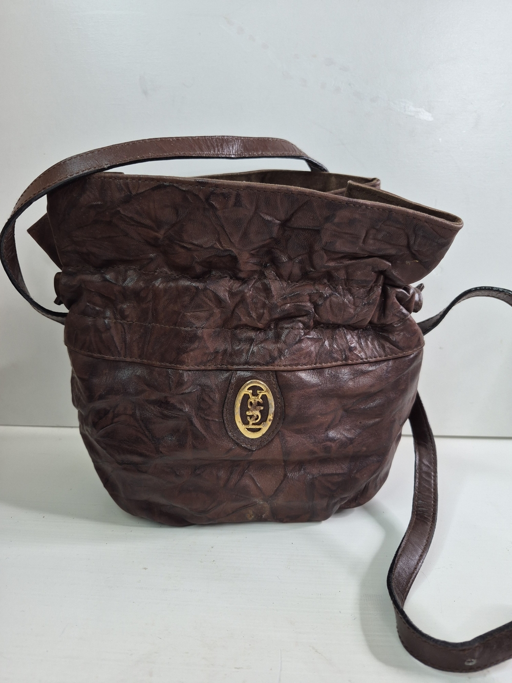 Vintage Ysl Brown Leather Shoulder Bag with Gold Emblem